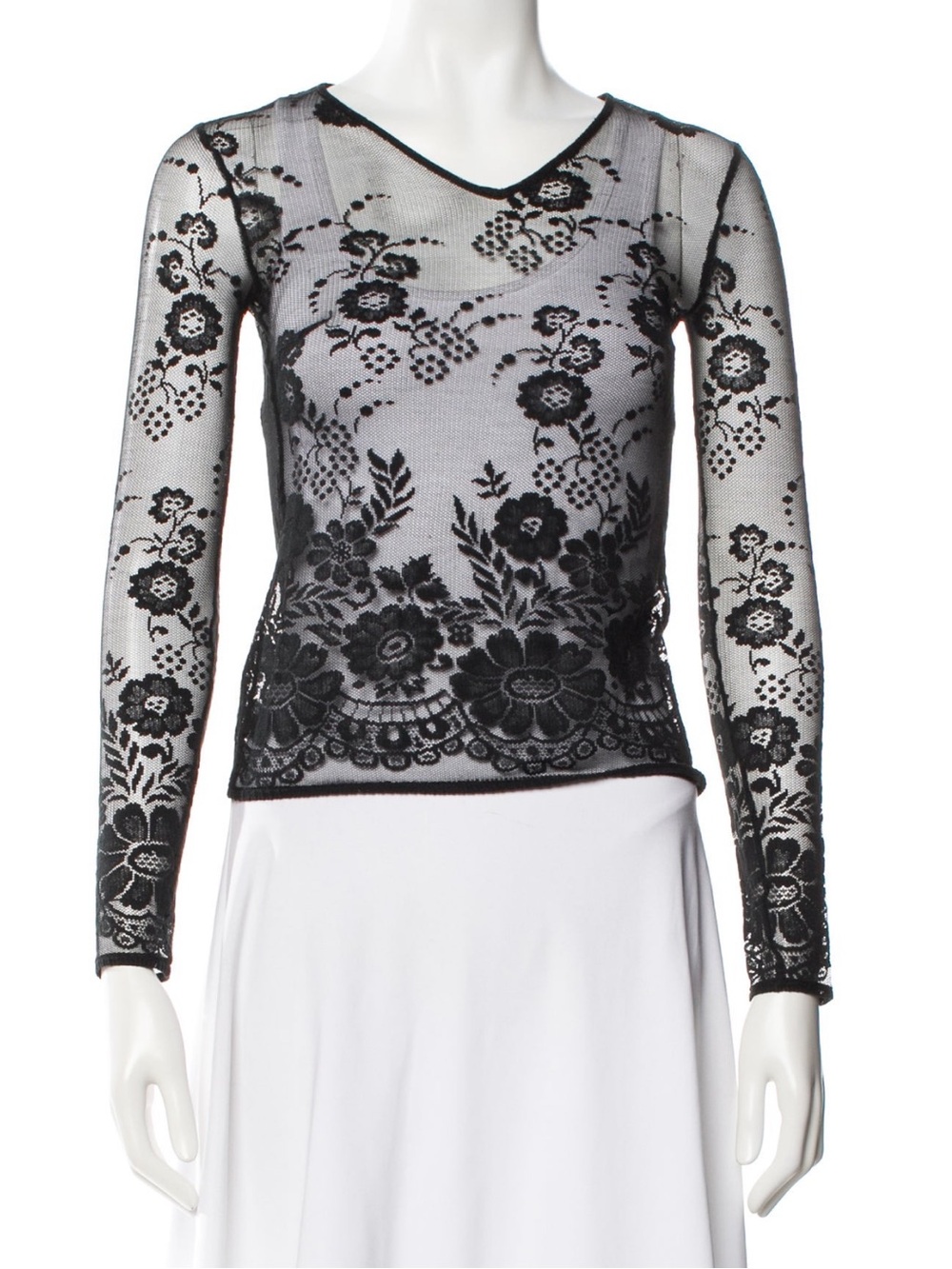 D&G Vintage 2000’s Y2K Black Floral Lace Long-Sleeve Women's Top V- Neck Small